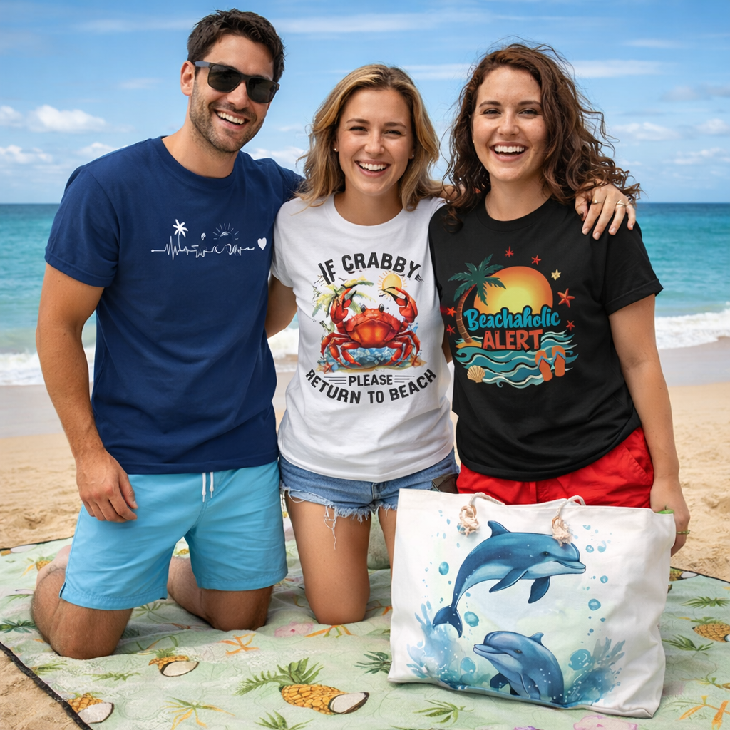 Three people wearing beach-themed t-shirts on the beach with outdoor blanket and tote bag summer 2026 beach accessories.