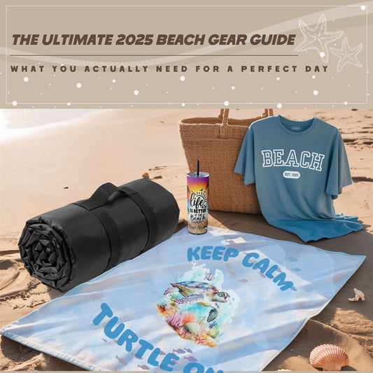 The Ultimate 2025 Beach Gear Guide with beach essentials in a beach scene.