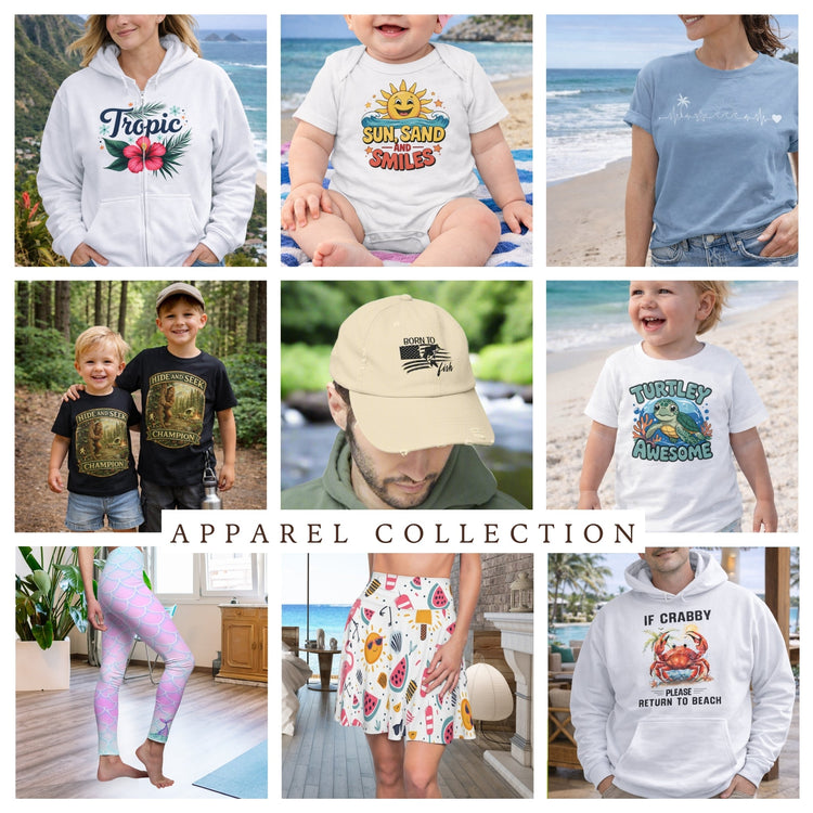 Sweatshirt, hoodie, t-shirt, hat, leggings, and skirt to show off apparel collection.