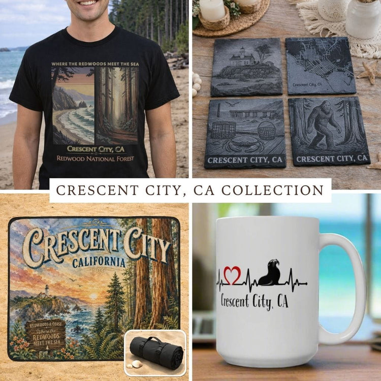 Crescent City California and Redwoods Collection with apparel, gifts, coasters, beach blankets, and mug.