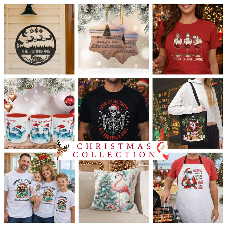 Beach and outdoor adventure designed Christmas examples of t-shirt, mugs, pillow, apron, ornament and metal sign.