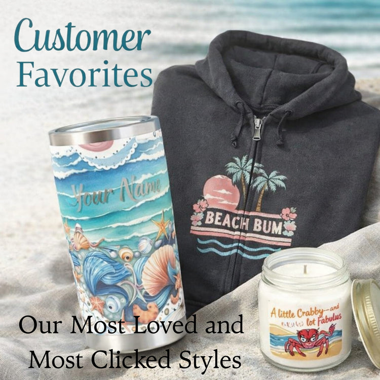 Our-Most-Loved-Styles at Everything's Beachy examples beach tumbler, hoodie and candle.