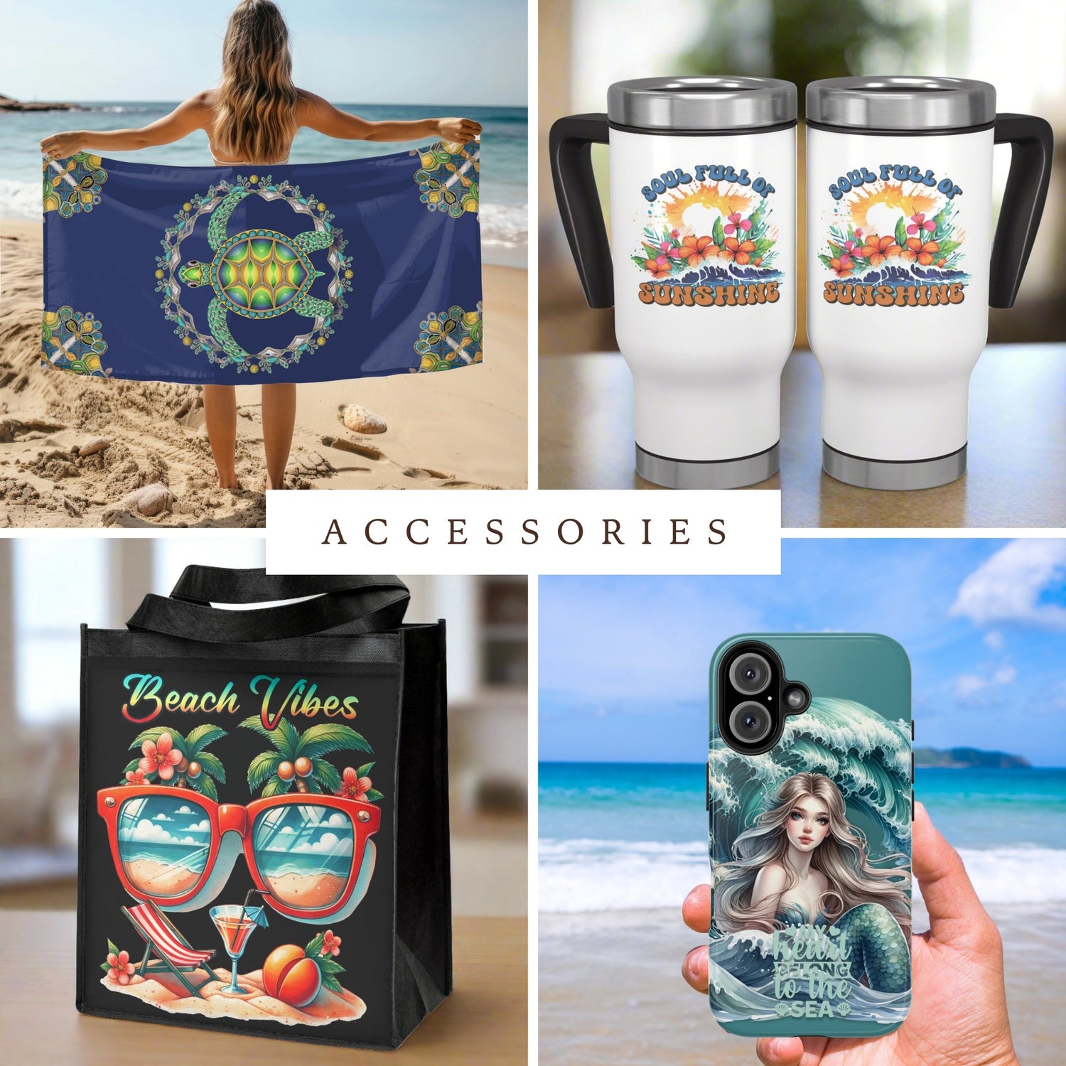Beach-themed Drinkware, Accessories and Decor.
