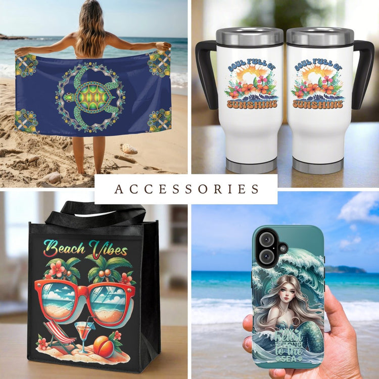 Beach-themed Drinkware, Accessories and Decor.