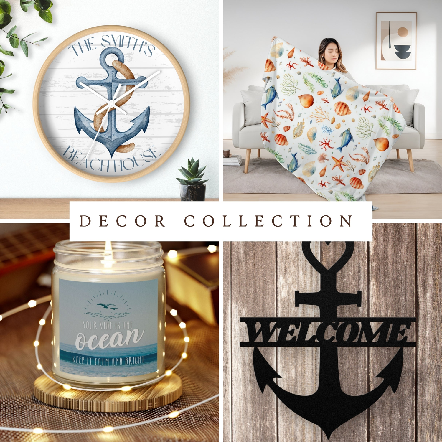 Featuring beachy wall art, coastal blankets, beach wall clock, seaside candles, home accents, and ocean-inspired décor.