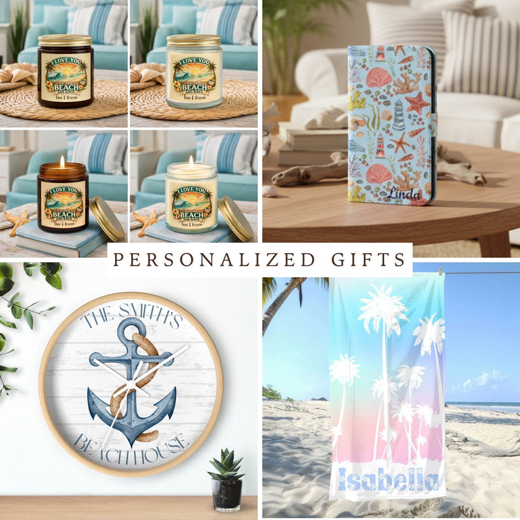 Beach and Outdoor Adventure Personalized Gifts such as candles, phone cases, wall clocks, and beach towels.