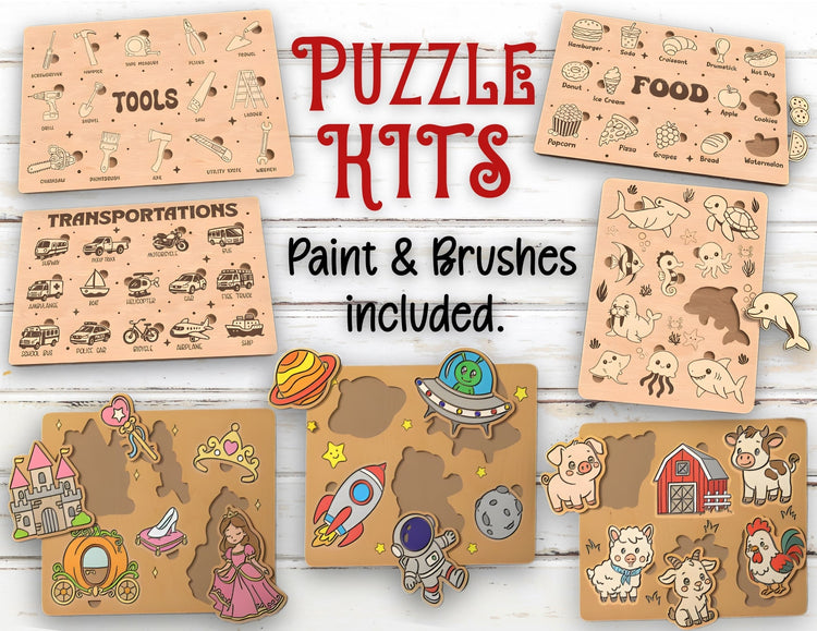Puzzle Paint Kits: Tools, Food, Transportation, Ocean Animals, Enchanted Princess, Space, and Farm Animals.