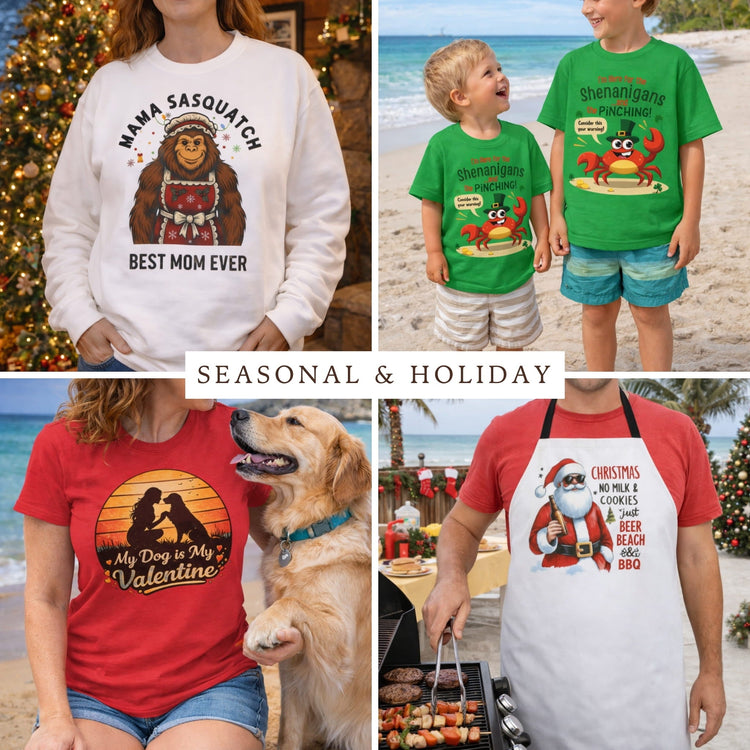 Beach and Outdoor Adventure Seasonal and Holiday apparel and aprons.