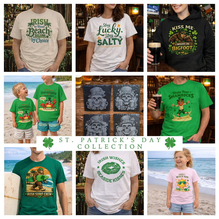 Beach and outdoor adventure designed St. Patrick's Day collection examples of apparel and coasters.