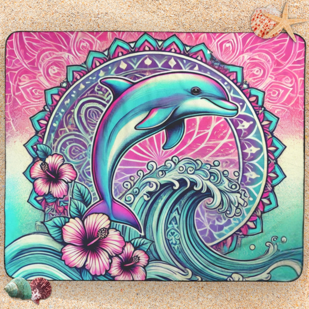 Beach Blanket with metallic dolphin surrounded by mandala, waves and plumeria flowers in pink and turquoise colors.