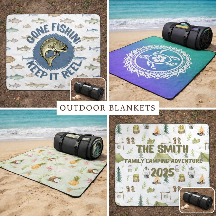 Outdoor blankets with waterproof back and roll into tote bag.