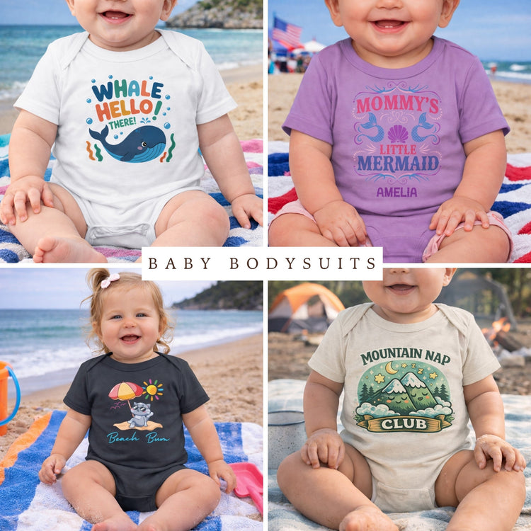 Babies wearing beach and outdoor adventure designed bodysuits.