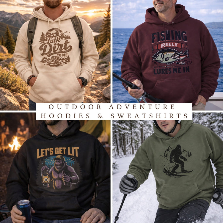 Outdoor adventure designed hoodies and sweatshirts.