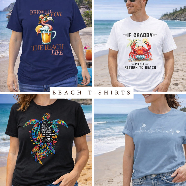 A collage of Beach T-Shirts featuring beach-themed designs for a coastal lifestyle.