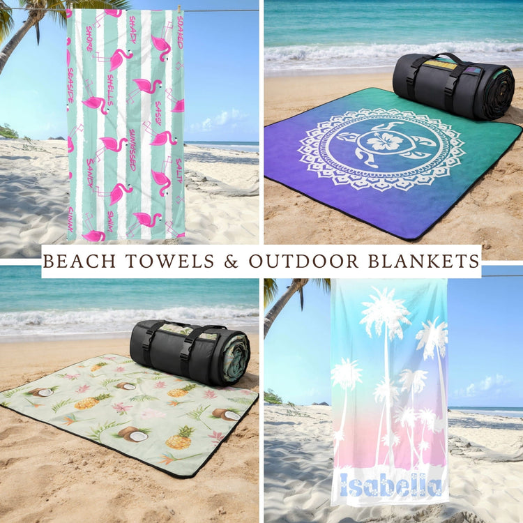 Beach and Outdoor Adventure Beach Towels and Packable Outdoor Blankets.