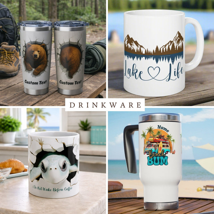Mugs and tumblers with beach and outdoor adventure designs.