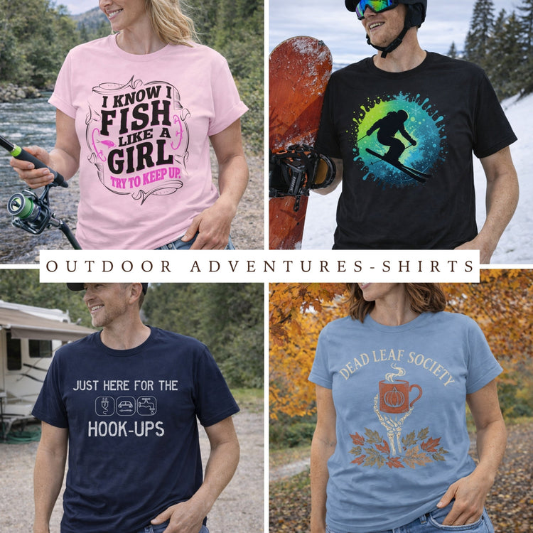 Outdoor adventure themed t-shirts.