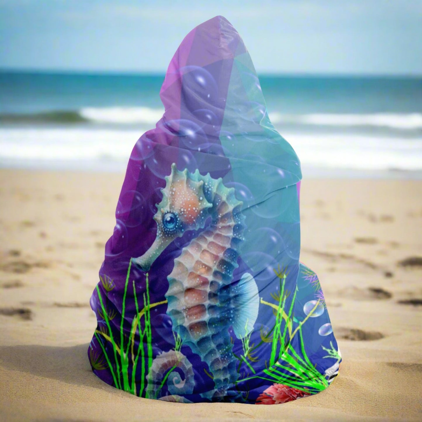 Hooded blanket Purple to aqua gradient with Sea horse and underwater plants