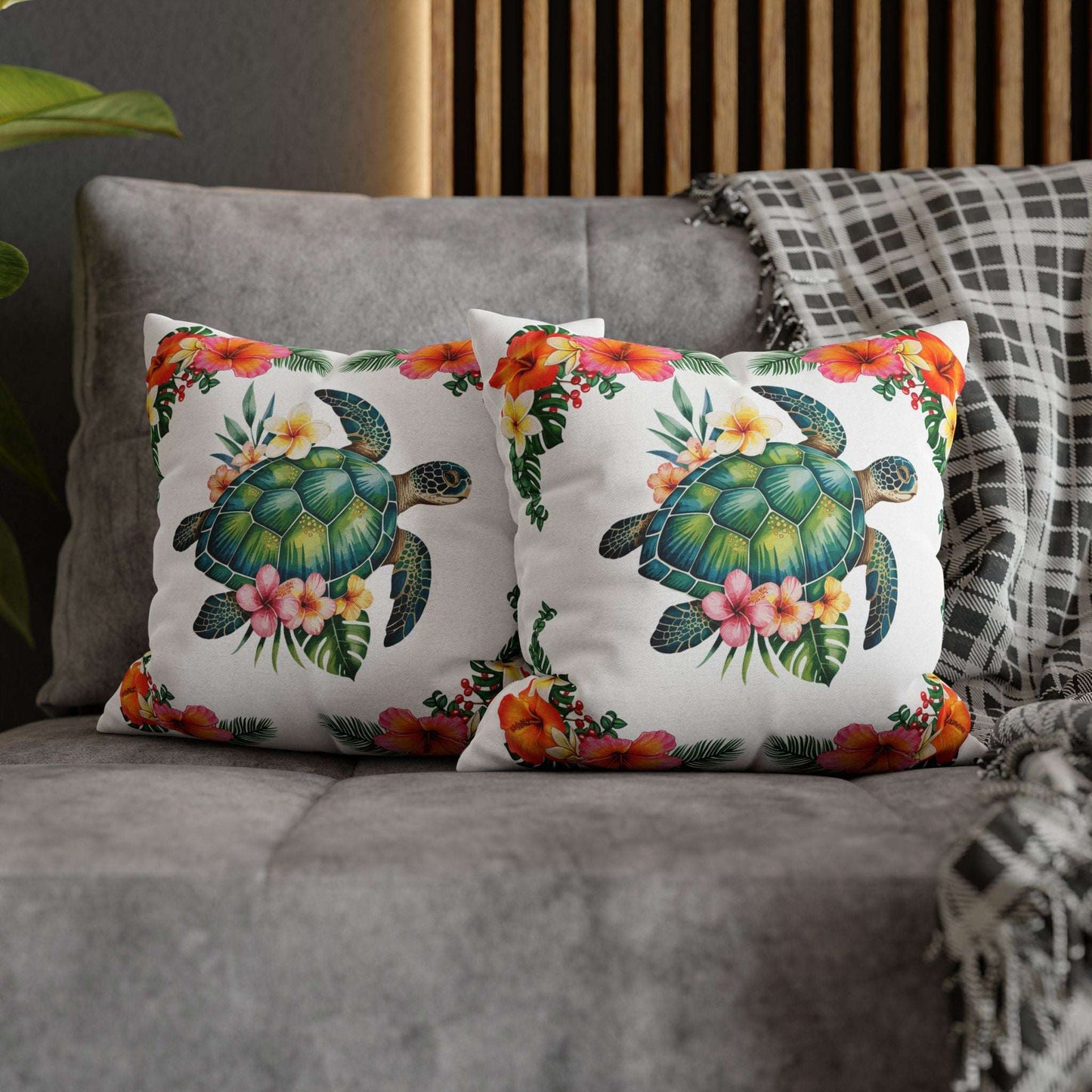 Two 14" x 14" white pillowcase with hibiscus flowers and a sea turtle design.