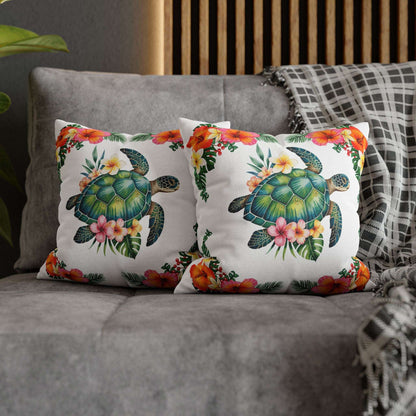 Two 14" x 14" white pillowcase with hibiscus flowers and a sea turtle design.