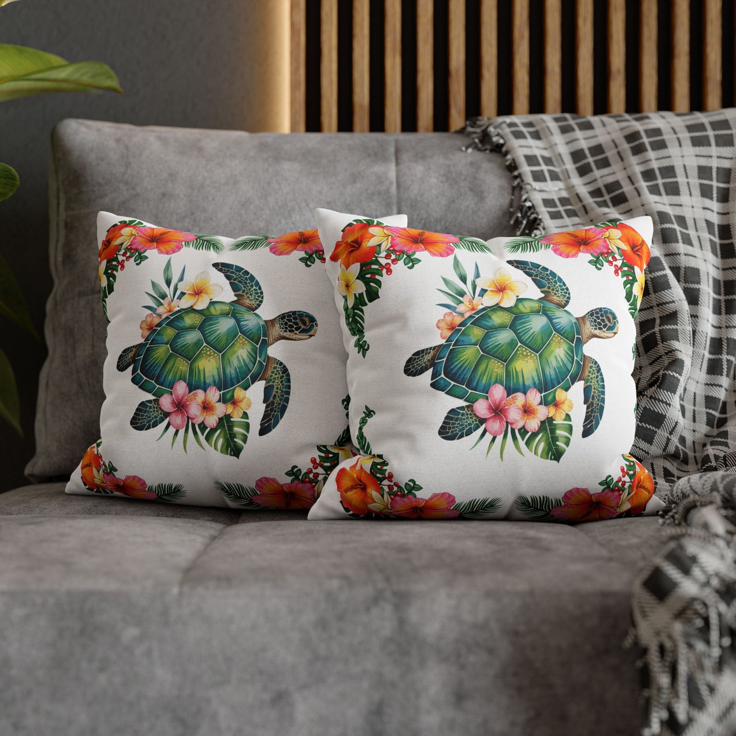 Two 14" x 14" white pillowcase with hibiscus flowers and a sea turtle design.