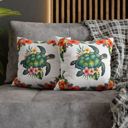 Two 14" x 14" white pillowcase with hibiscus flowers and a sea turtle design.