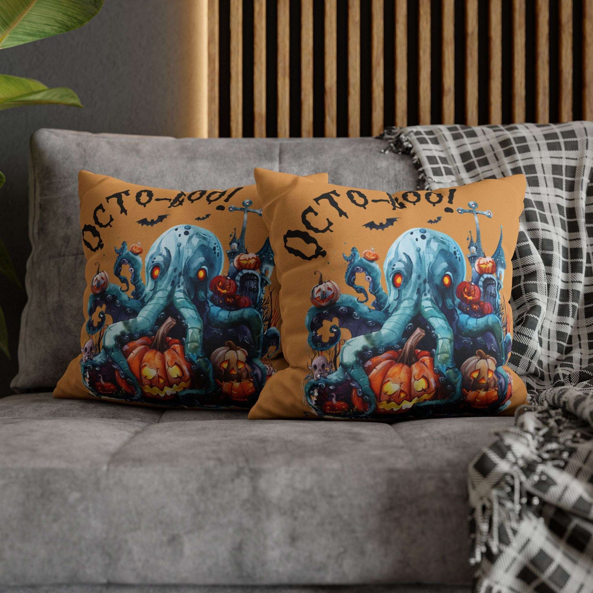 Halloween-themed double-sided decorative pillowcases with octopus and pumpkins that says Octo-Boo!