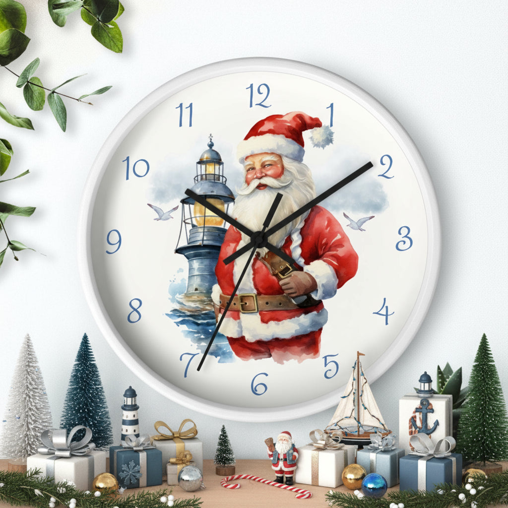 Wall clock with Santa Claus design featuring a lighthouse, on a white background.