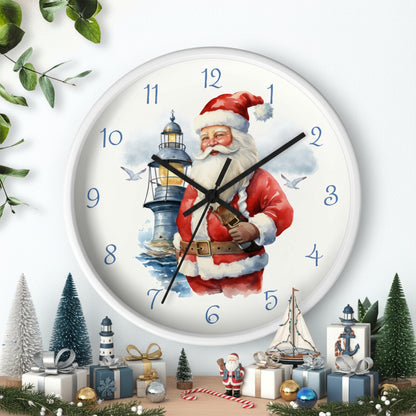 Wall clock with Santa Claus design featuring a lighthouse, on a white background.