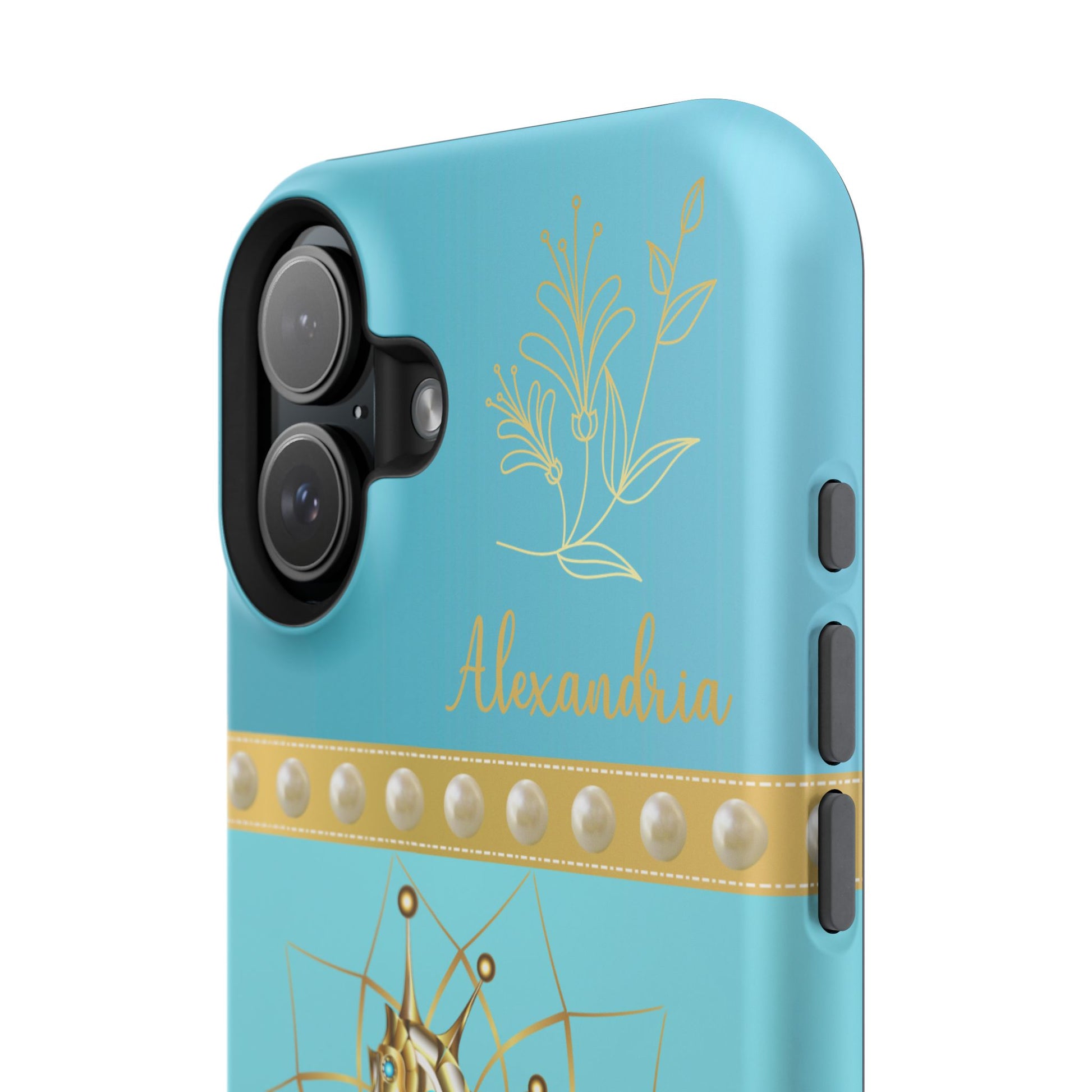 Close up of Phone case with seahorse design and 'personalized' text on a teal blue background.