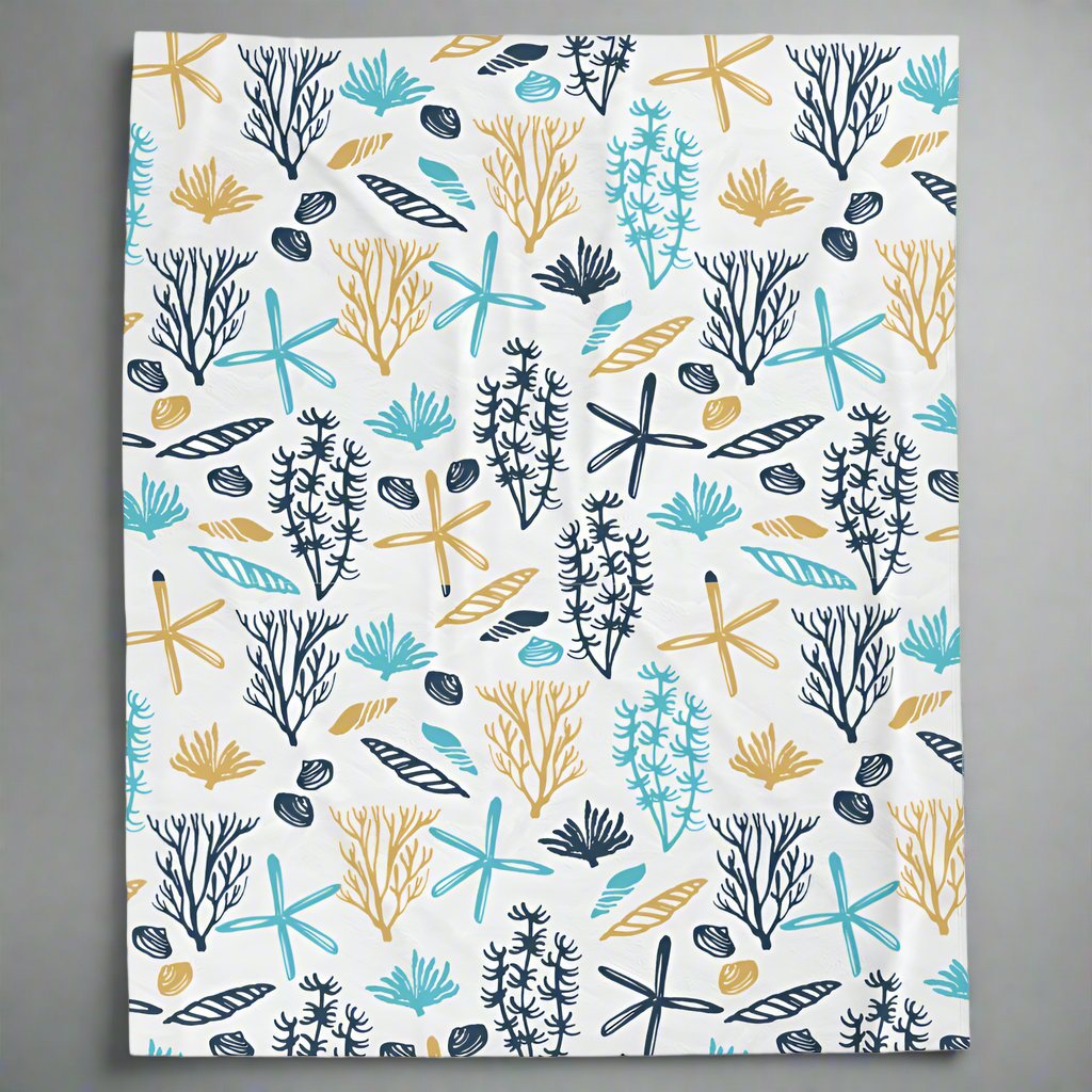 60x80 White velveteen blanket with seashells, underwater plants, starfish in blue and yellows