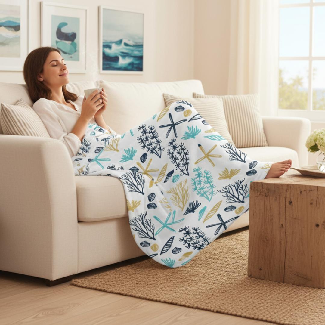 A white blanket with beach life graphics.