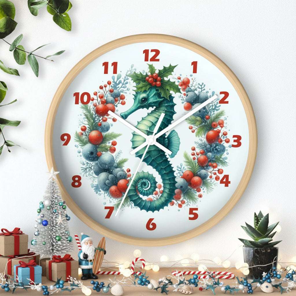 Decorative wall clock with a seahorse design on a white background