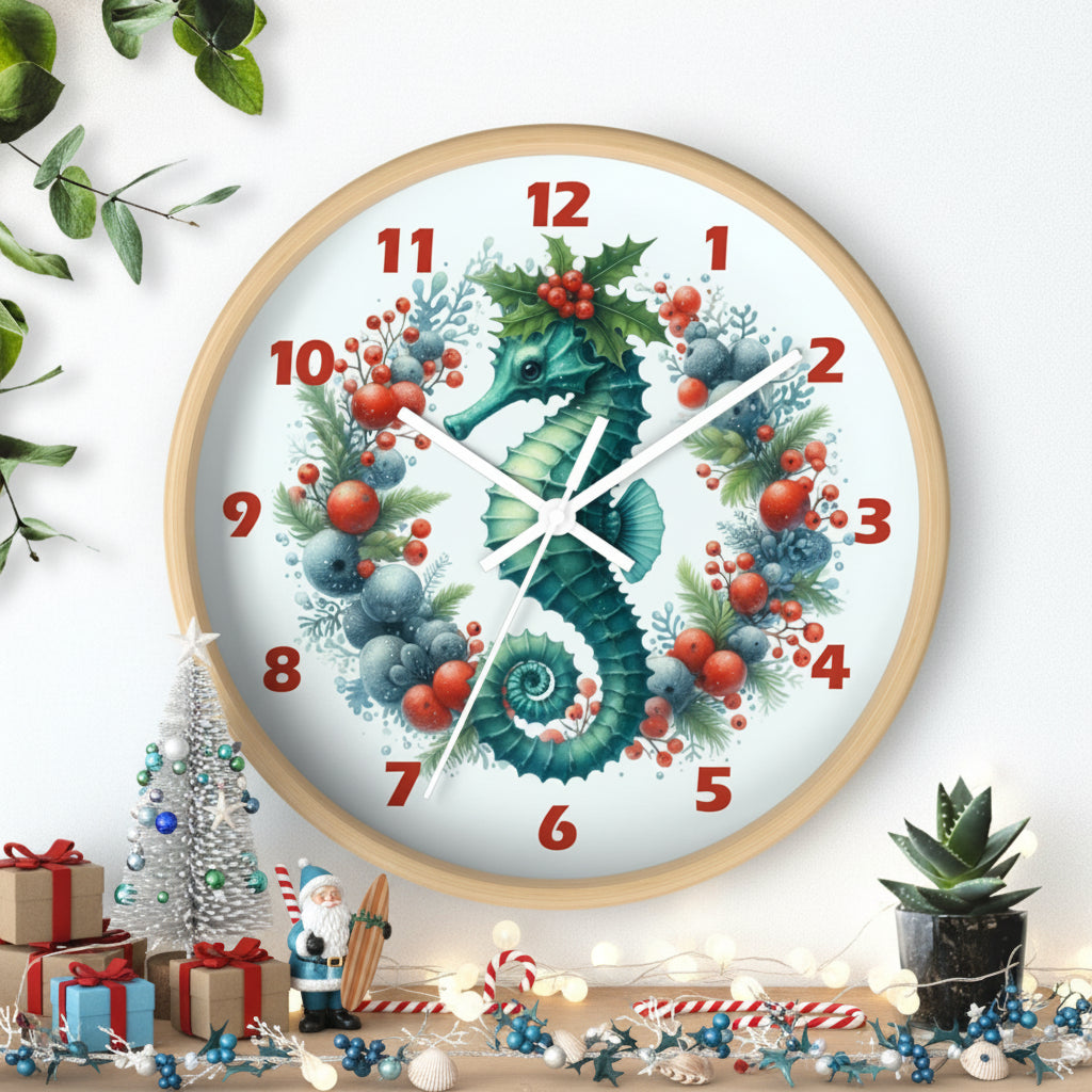 Decorative wall clock with a seahorse design on a white background