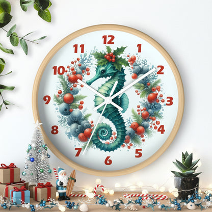 Decorative wall clock with a seahorse design on a white background