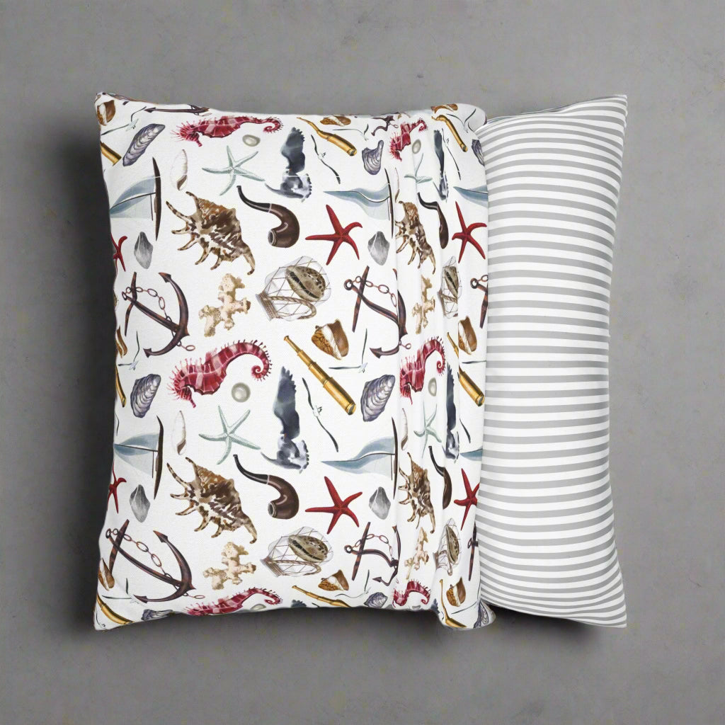 Nautical pillow showing the ease of removing the case.