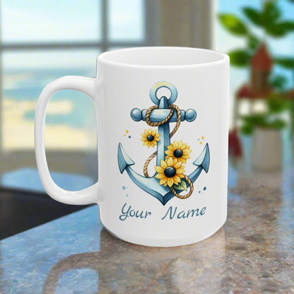 15 oz White mug with  Anchor and Sunflowers with text Seas the Day