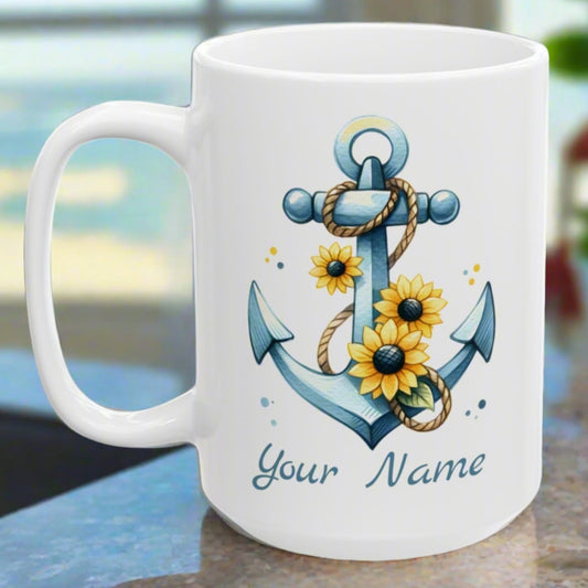 15 oz White mug with  Anchor and Sunflowers with text Seas the Day