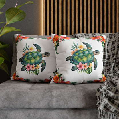 Two 20" x 20" white pillowcase with hibiscus flowers and a sea turtle design.