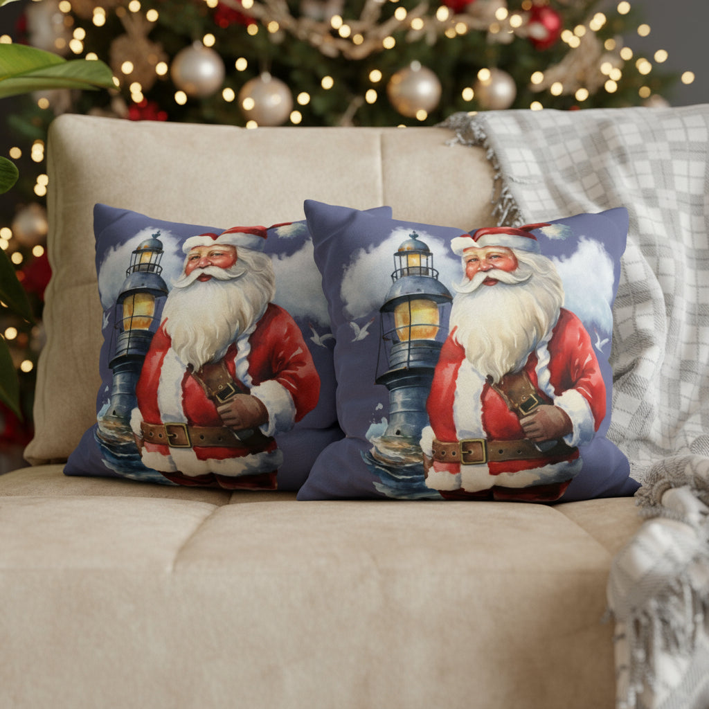 Two decorative pillows with Santa Claus holding a lantern on a sofa.