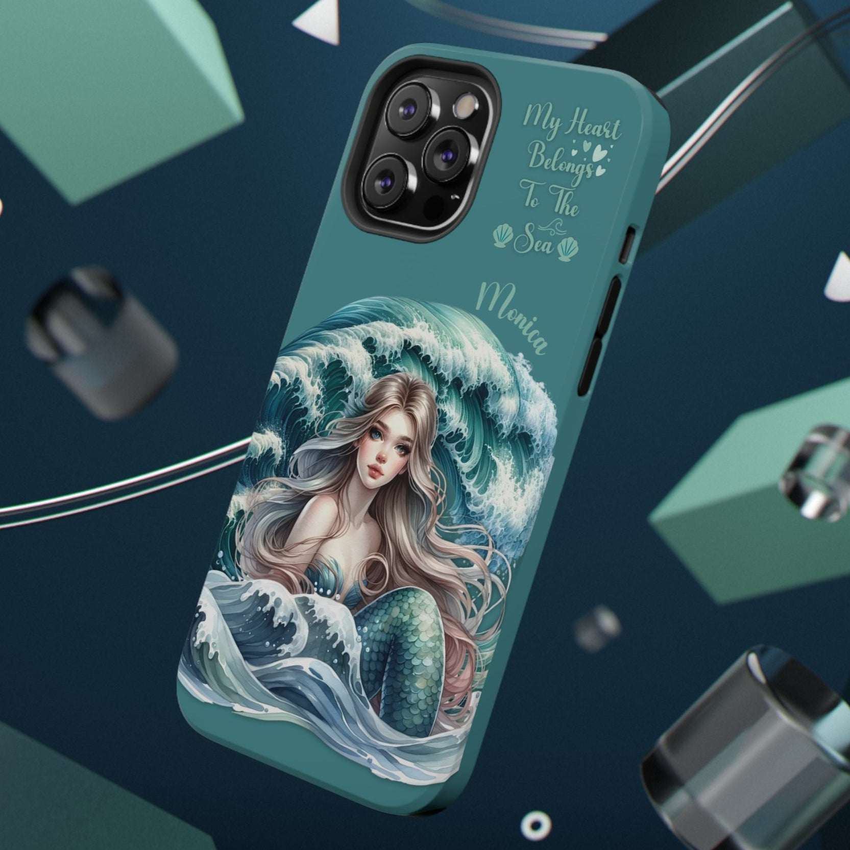 iPhone case with mermaid design and text on a dark blue background