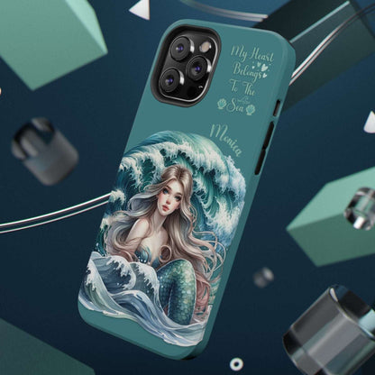 iPhone case with mermaid design and text on a dark blue background