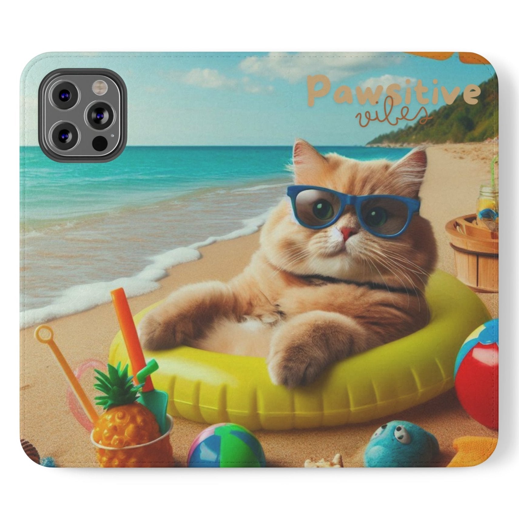 Opened phone case wallet with picture of cat lounging on beach with pool toys and drinks surrounding the cat with the text Pawitive Vibes.