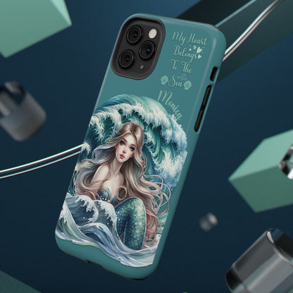 iPhone case with mermaid design and text on a dark blue background
