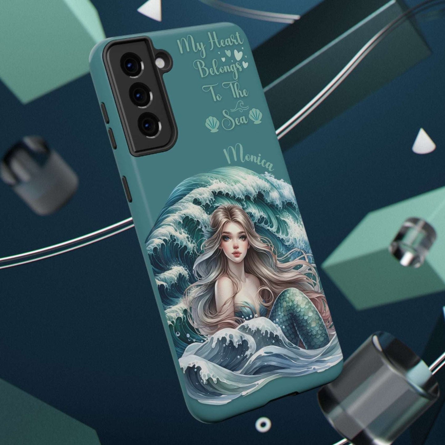 iPhone case with mermaid design and text on a blue background