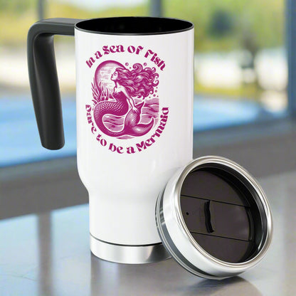 Mermaid-themed white 14 oz. stainless steel travel mug with ocean waves, sun, and “IN a Sea of Fish Dare to Be a Mermaid” quote.