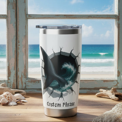 Tumbler with a breakout shark tail and wave design personalized.
