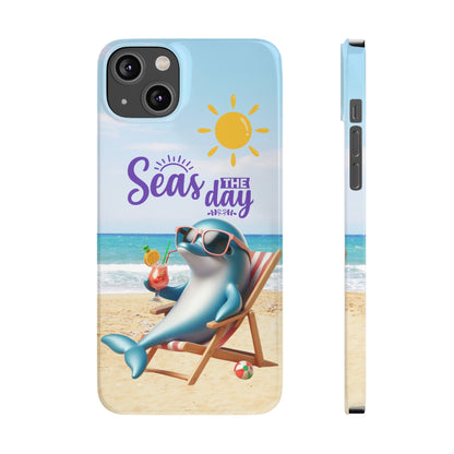 iPhone Case Dolphin sitting in beach lounge chair on beach with text Seas The Day