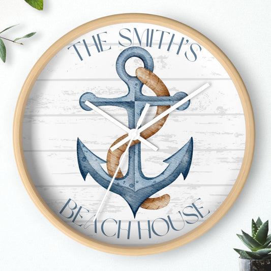 10" round wall clock wood frame white hands blue anchor with the text Personalized Name Beach House.