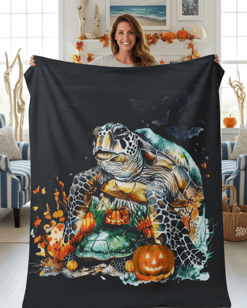 Person holding a blanket with a sea turtle and pumpkin design in a living room.